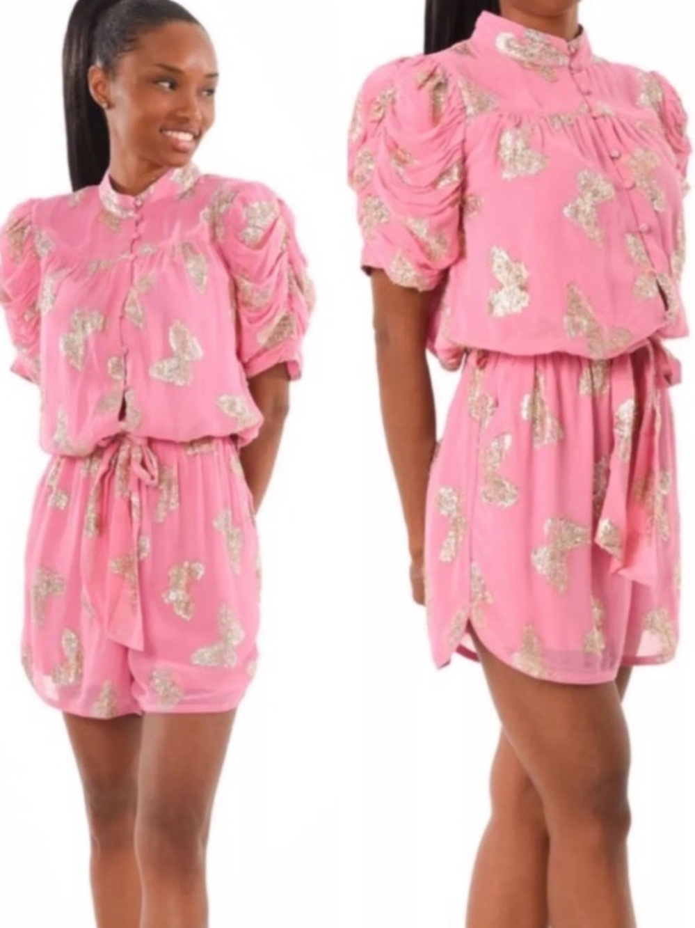 New Ciebon Pink/gold  Metallic Butterfly Print Romper